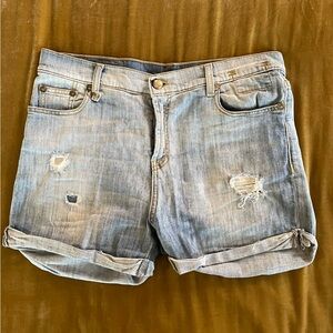 R13 Blue Distressed Jean Shorts with Cuffed Hem, Size 30